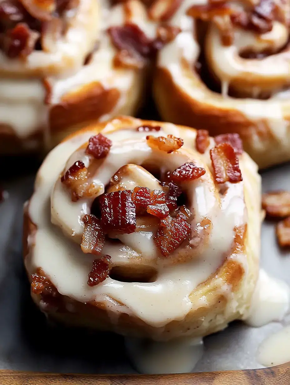 A close-up of a decadent cinnamon roll topped with cream cheese frosting and crispy bacon bits.