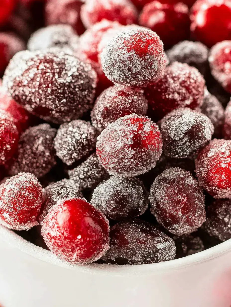 A close-up of a bowl filled with glistening, sugar-coated red and dark cranberries.