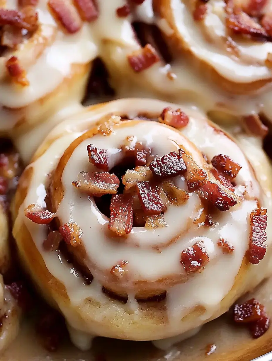 Delicious cinnamon rolls topped with a creamy icing and crispy bacon bits.