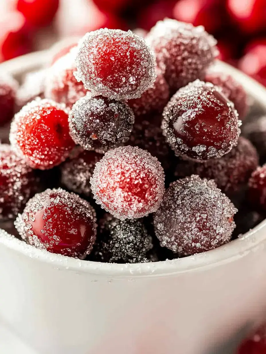 A close-up of sugared red and black cranberries piled in a white bowl, glistening with a sugary coating.