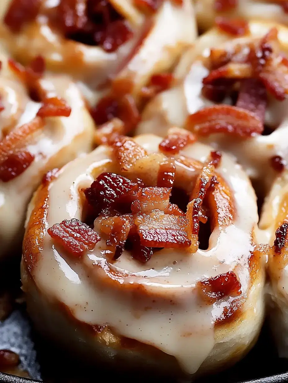 A close-up of cinnamon rolls topped with cream cheese frosting and crispy bacon bits.