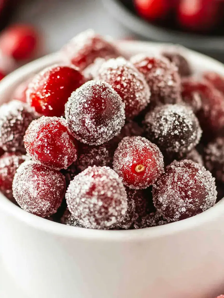 A close-up of a bowl filled with shiny, sugar-coated cranberries.