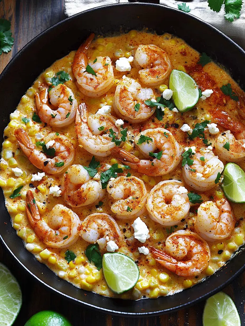 A skillet filled with cooked shrimp on a bed of corn, garnished with lime wedges, cilantro, and crumbled cheese.