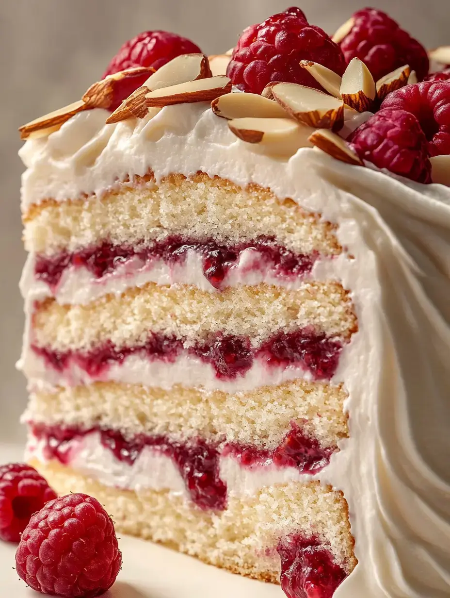 A slice of layered cake is displayed, featuring alternating layers of sponge, raspberry filling, and frosting, adorned with fresh raspberries and slivered almonds on top.