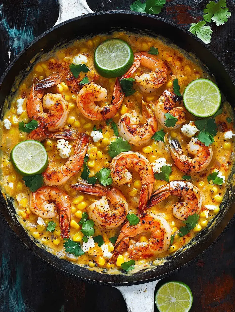 A skillet filled with shrimp, corn, cilantro, and lime slices in a creamy sauce.