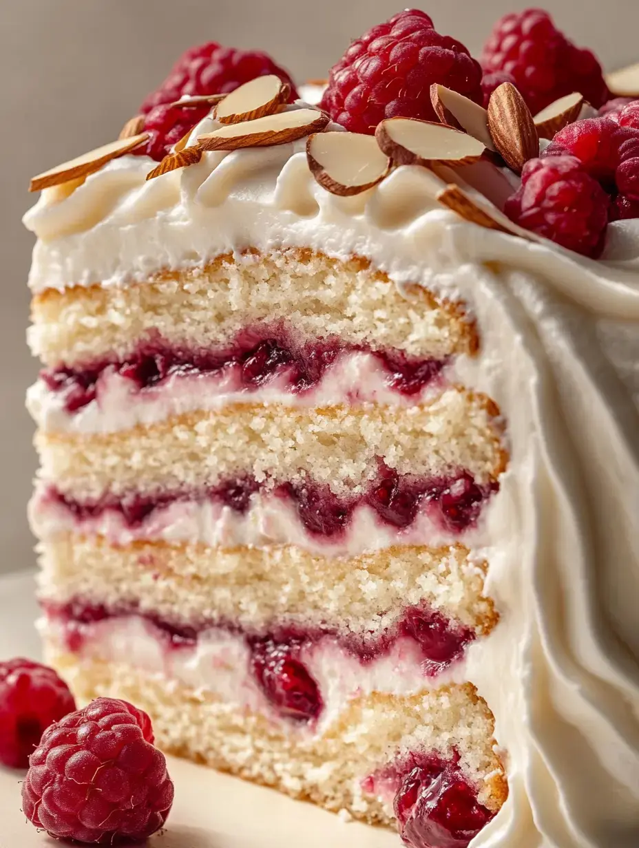 A close-up of a layered cake filled with raspberry and cream, topped with almonds and fresh raspberries.