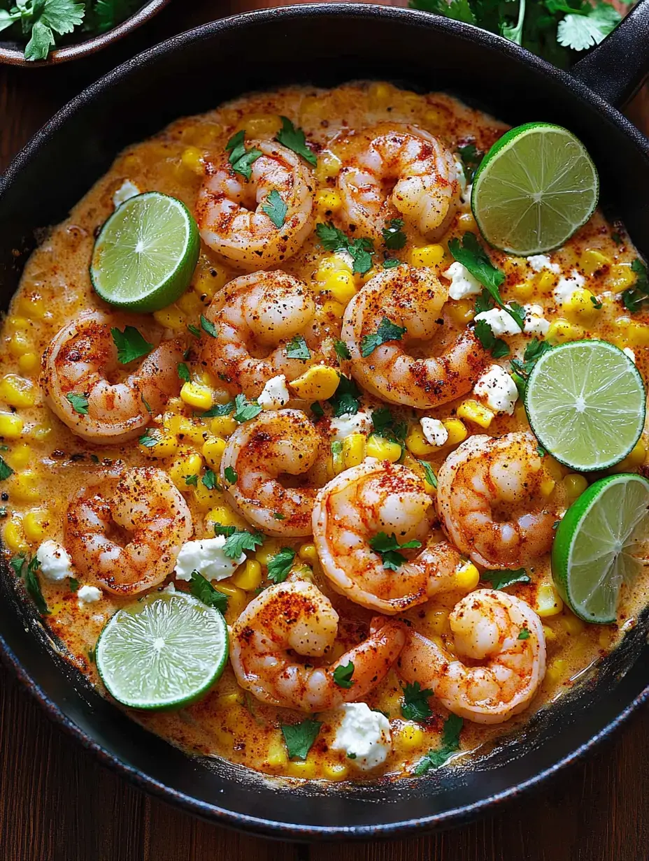 A vibrant skillet dish features sautéed shrimp atop a creamy corn mixture, garnished with lime wedges and fresh cilantro.