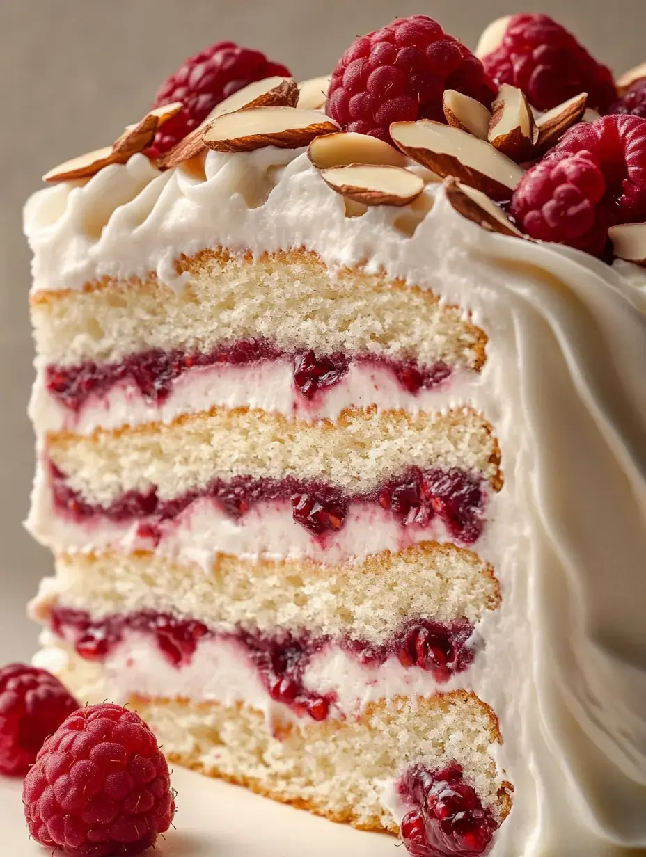 A slice of layered vanilla cake with raspberry filling, topped with whipped cream, raspberries, and sliced almonds.