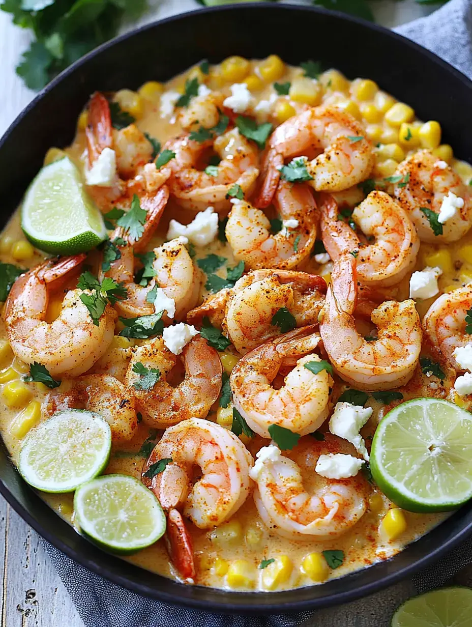 A black skillet filled with sautéed shrimp, corn, and garnished with lime wedges and fresh cilantro.