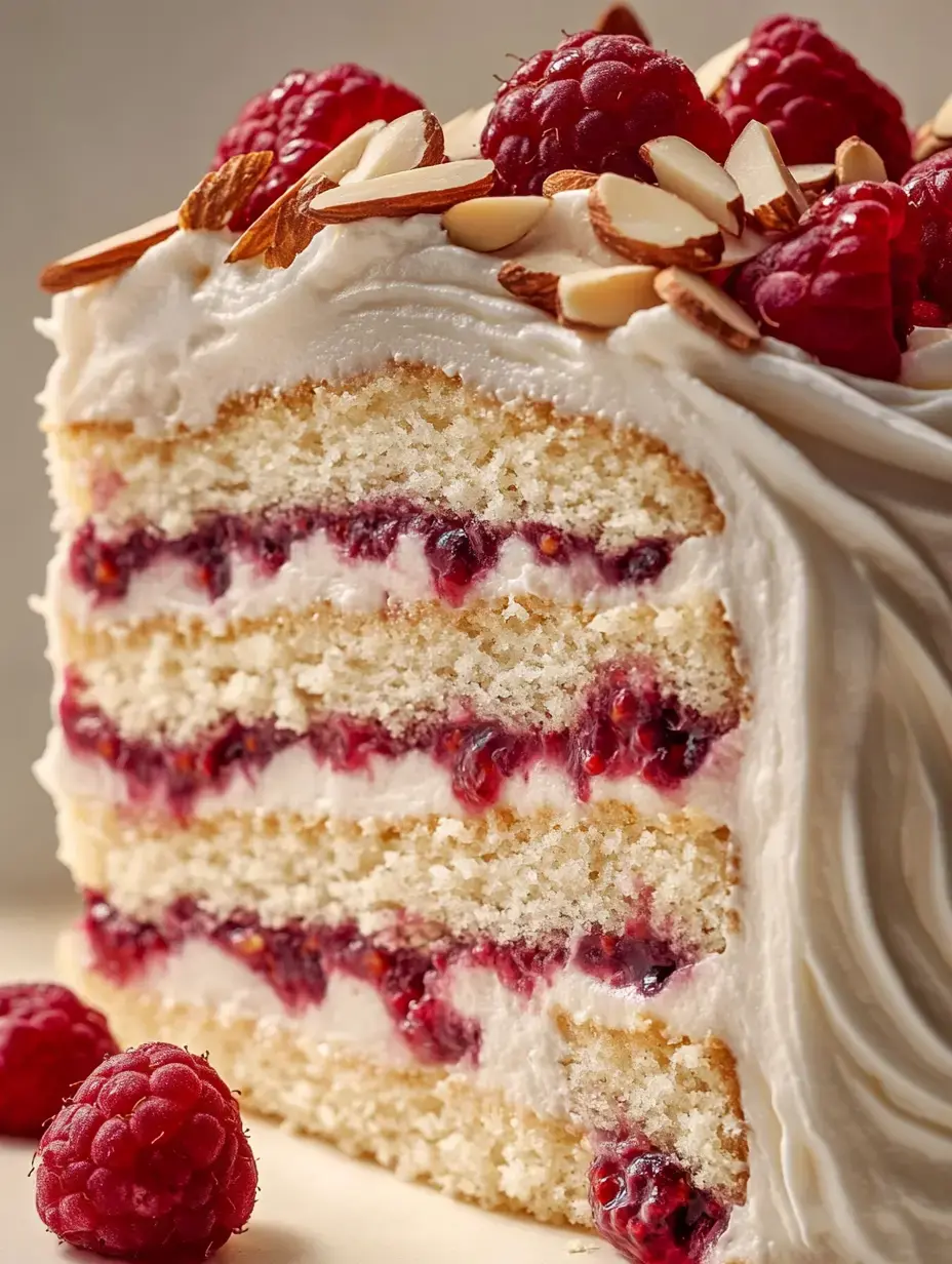 A beautifully layered cake with raspberry filling, frosted with creamy icing, and topped with fresh raspberries and sliced almonds.