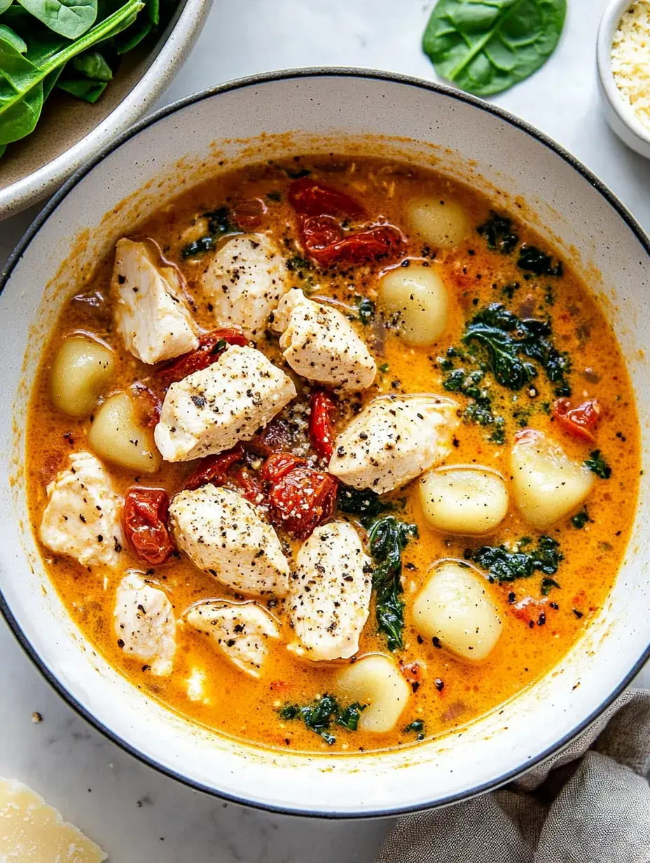 A creamy dish of chicken, tomatoes, and spinach with gnocchi in a bowl.