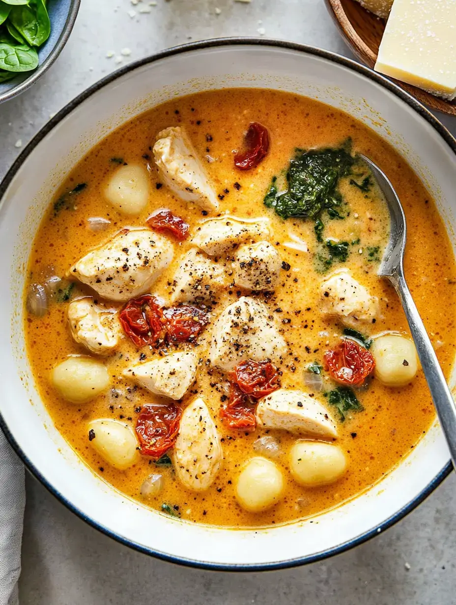 A bowl of creamy chicken and gnocchi soup with spinach and sun-dried tomatoes.