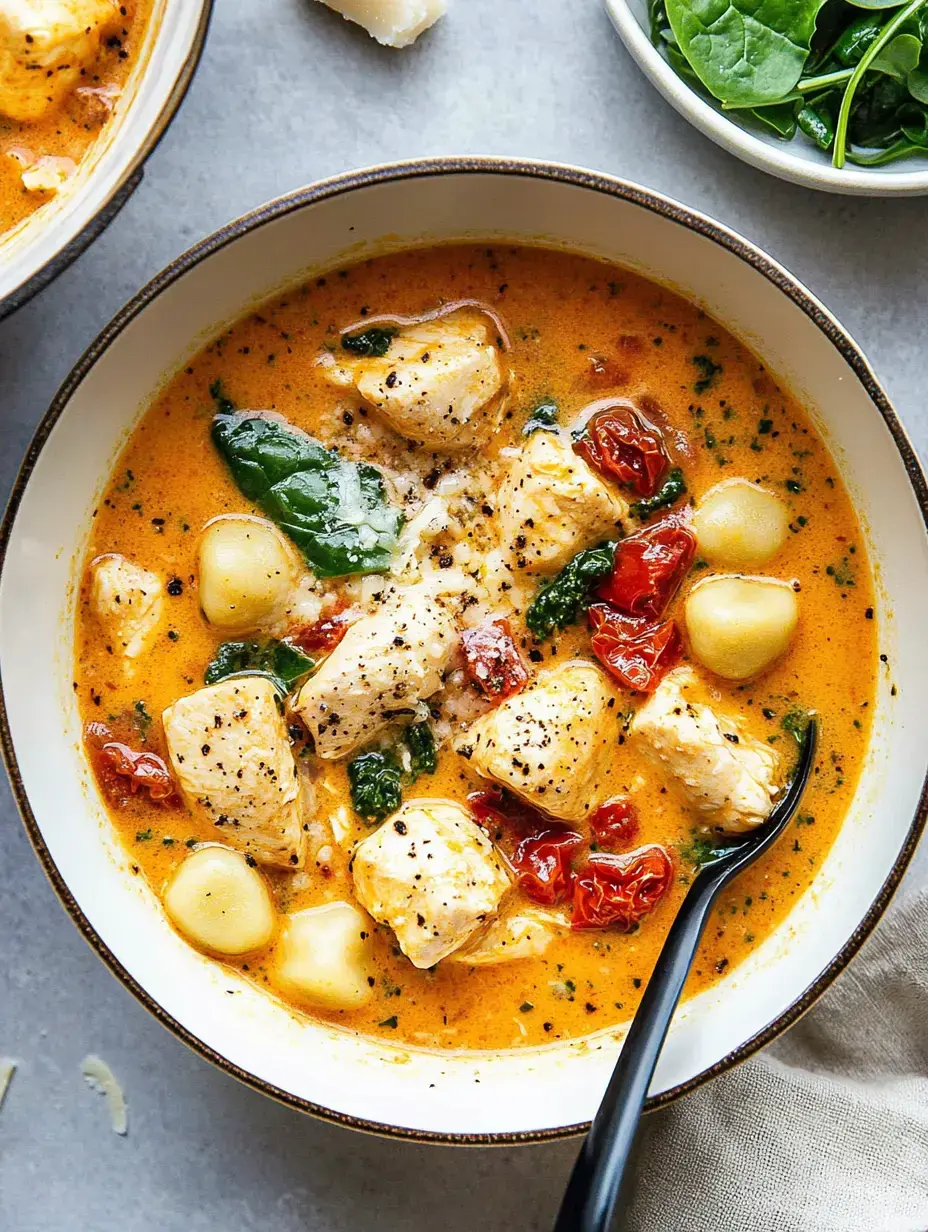 A creamy chicken soup with gnocchi, sun-dried tomatoes, spinach, and cheese in a bowl, accompanied by a side of fresh spinach.