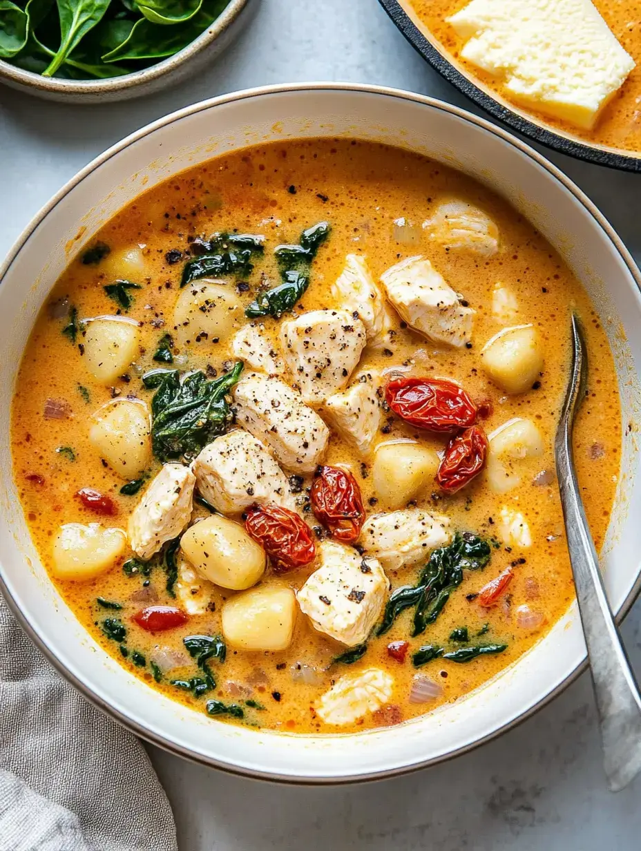 A creamy soup featuring chunks of chicken, gnocchi, spinach, and sun-dried tomatoes, served in a white bowl with a silver spoon on the side.