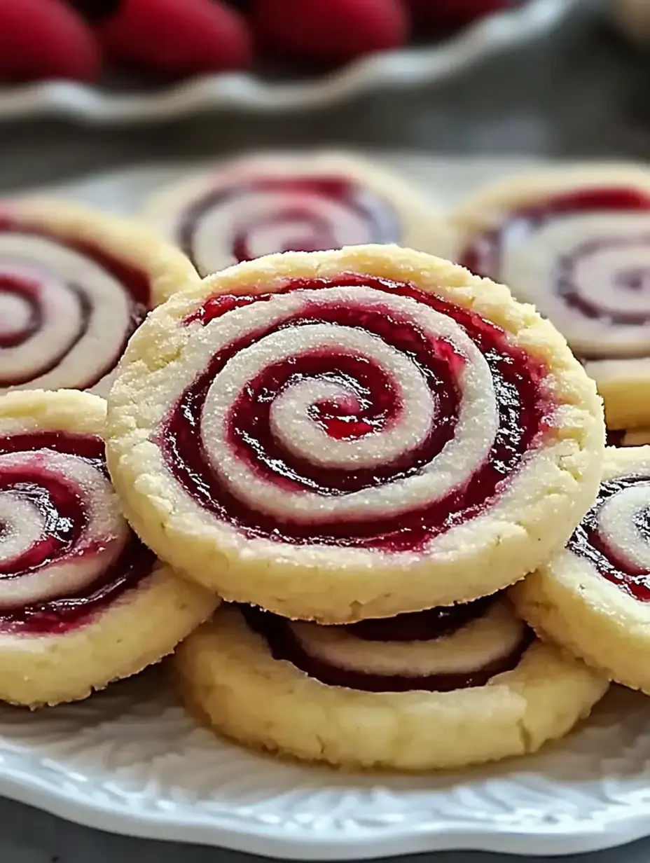 A plate of spiral-shaped cookies filled with raspberry jam, showcasing a visually appealing pattern.