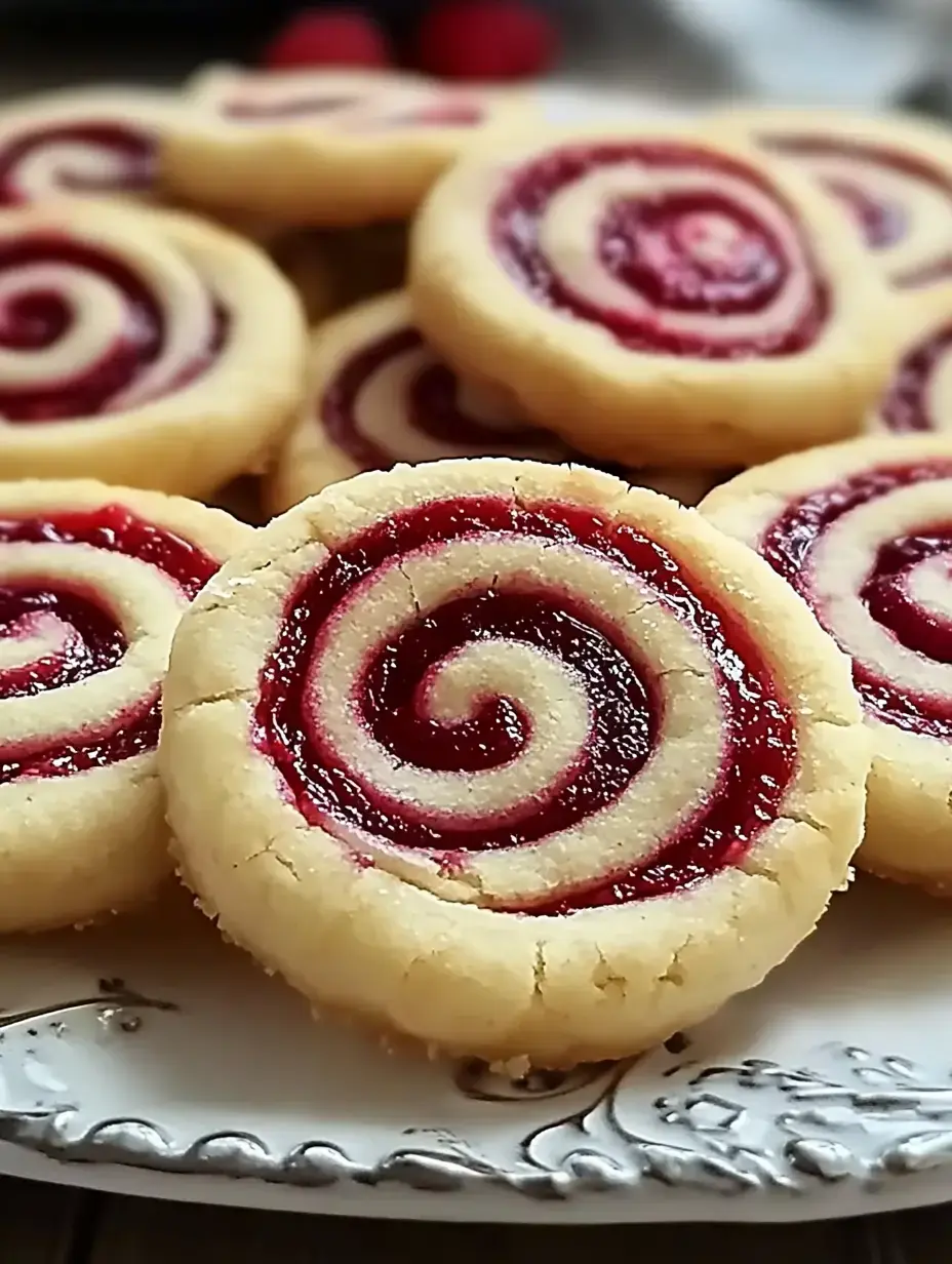 A close-up of spiral-shaped raspberry cookies arranged on a decorative plate.