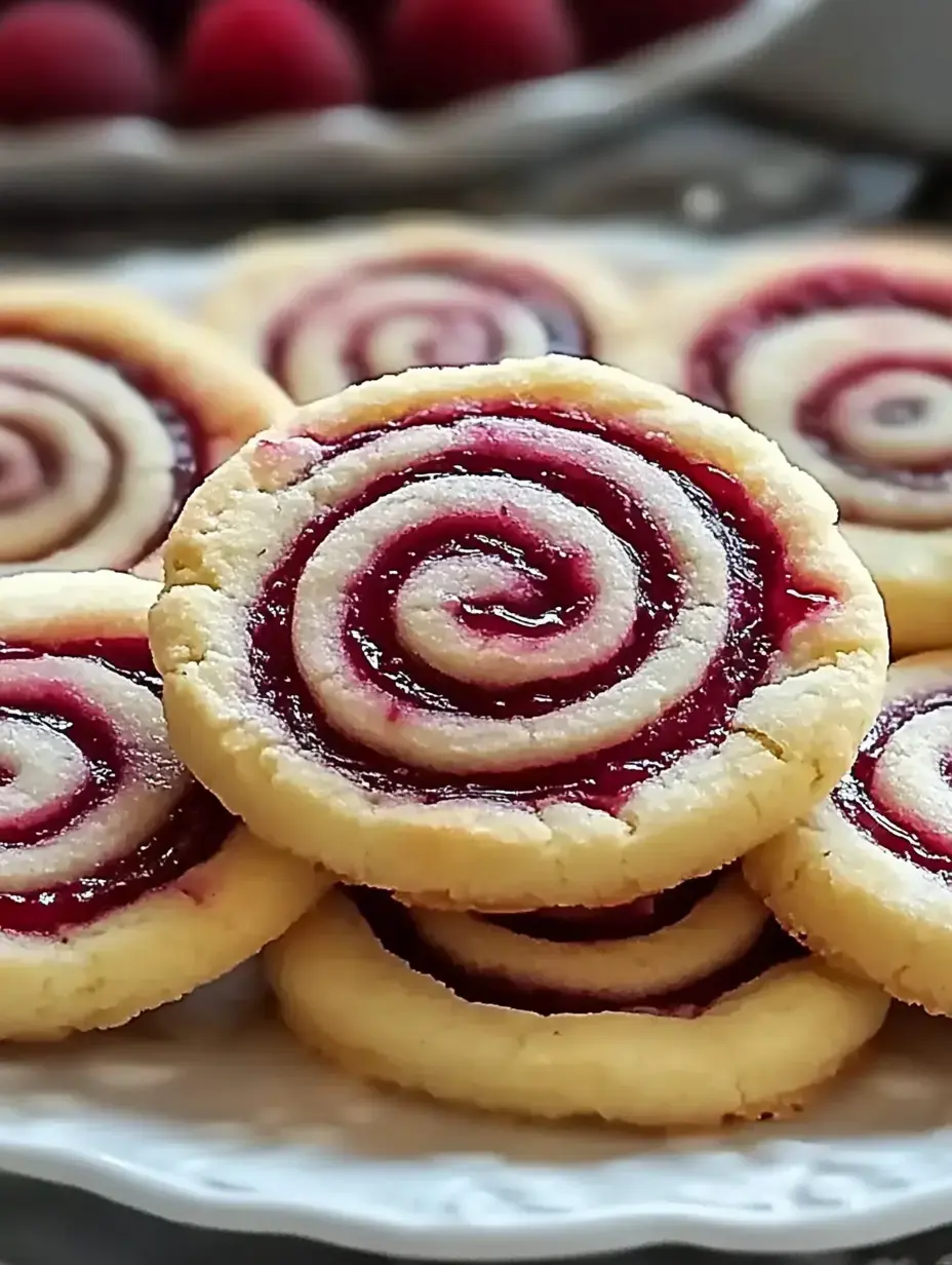 A close-up view of spiral raspberry jam cookies arranged on a decorative plate.