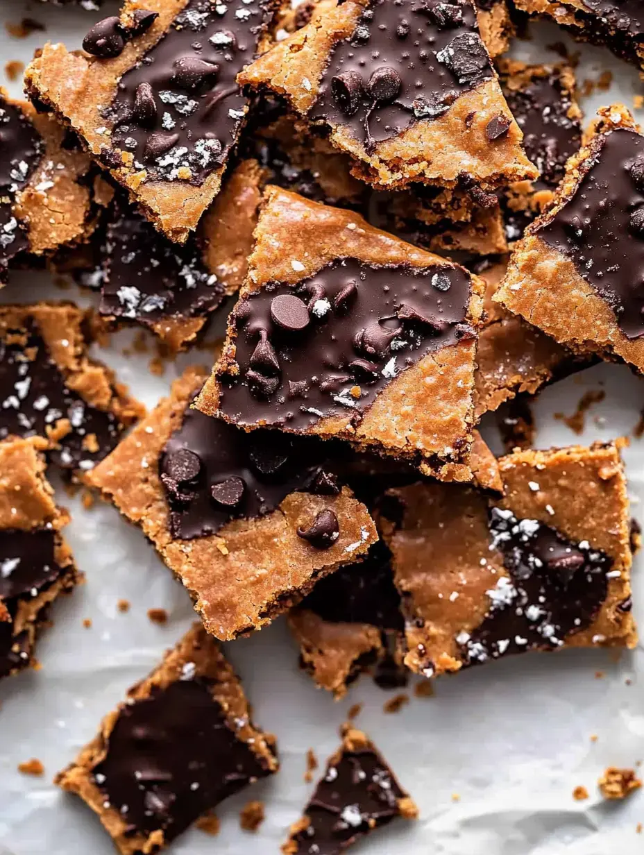 A pile of cookie bars topped with chocolate, chocolate chips, and a sprinkle of sea salt.