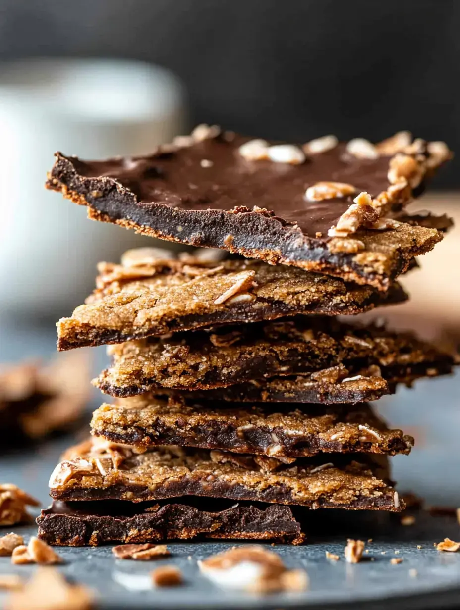 A stack of layered chocolate-covered cookies lies on a dark surface, with crumbs scattered around.