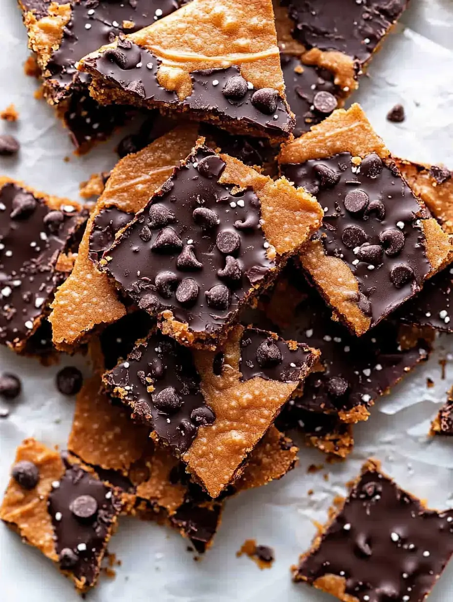 A pile of chocolate-covered dessert squares topped with chocolate chips, some pieces are broken and scattered.