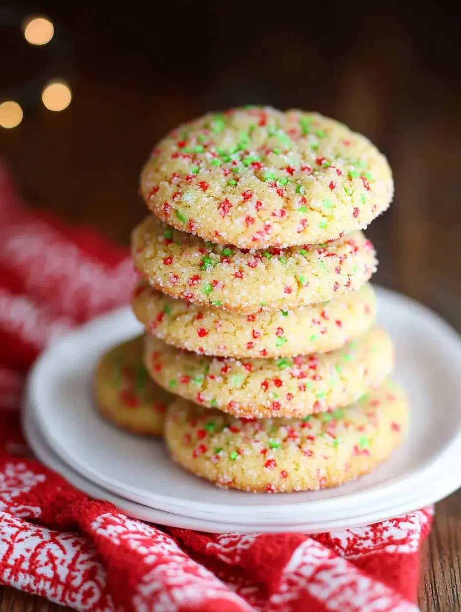 A stack of festive sugar cookies covered in red and green sprinkles on a white plate, set against a background of a red and white patterned cloth.