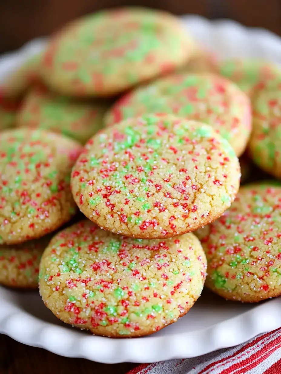 A plate of colorful cookies with red and green sprinkles is stacked in a decorative arrangement.