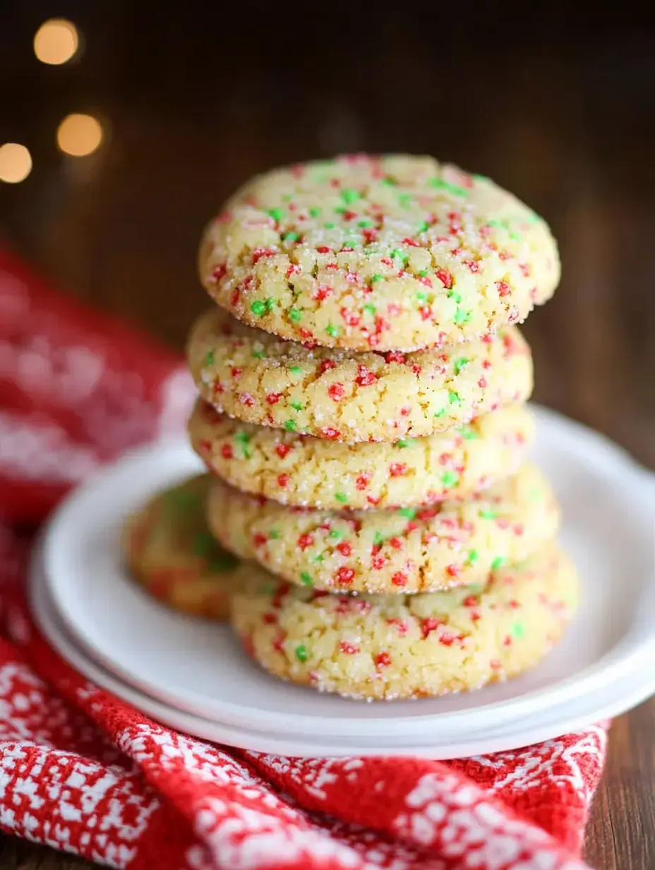 A stack of colorful, festive cookies with red and green sprinkles sits on a white plate, surrounded by a red patterned cloth.