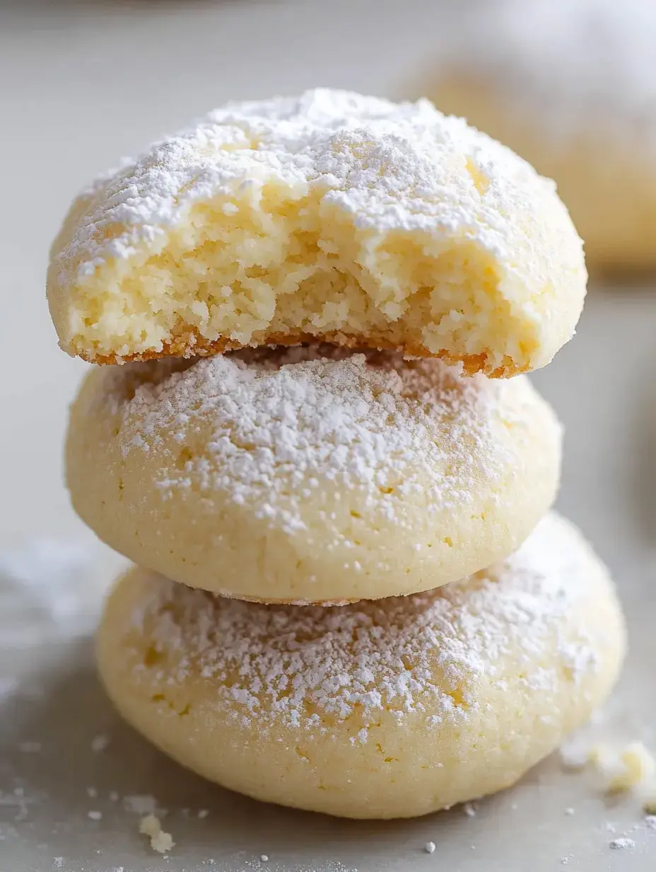 A stack of three powdered sugar-dusted cookies, with one showing a bite taken out of the top cookie.