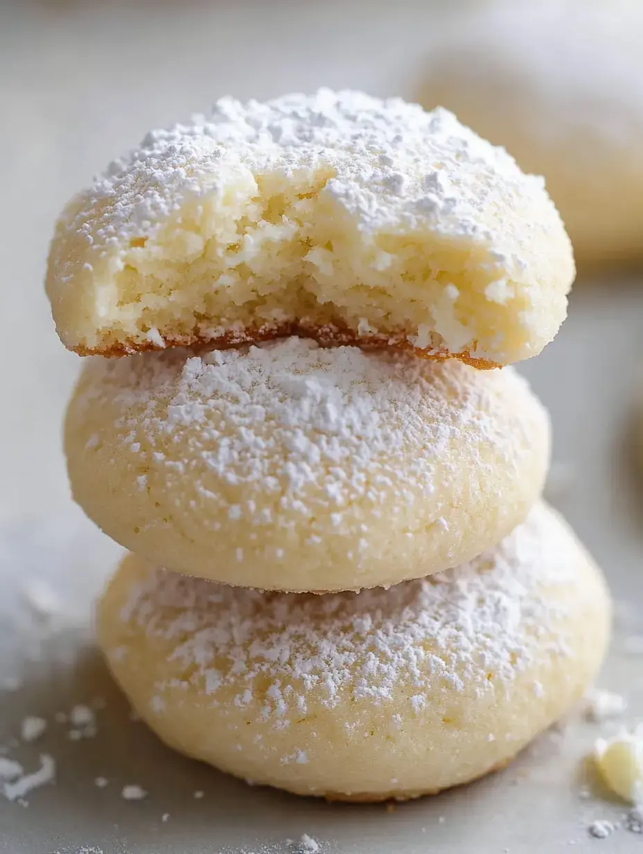 A stack of three powdered sugar-coated cookies, with a bite taken out of the top cookie, on a light surface.