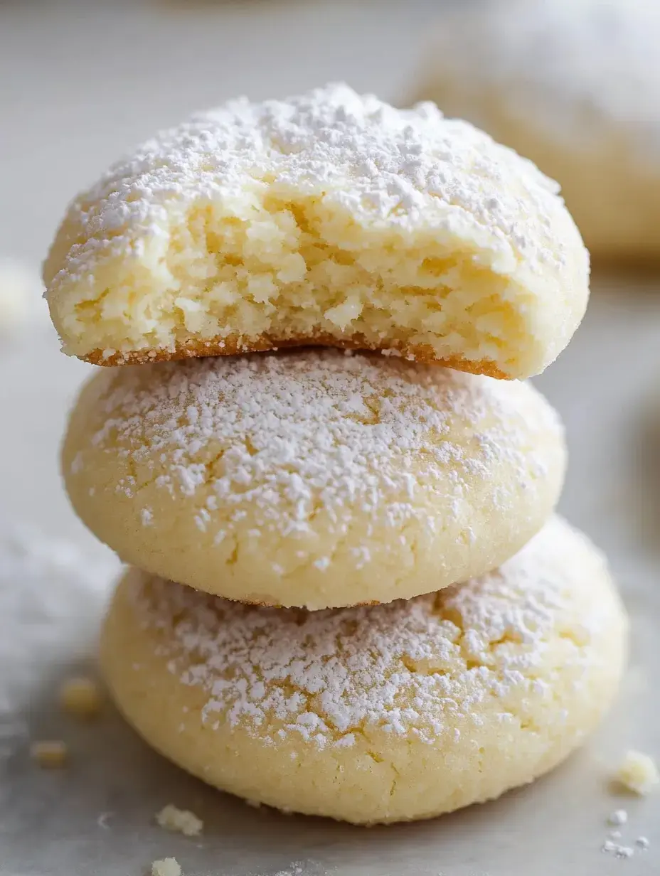 A stack of three powdered sugar-covered cookies, with the top cookie partially bitten to reveal its soft, crumbly interior.