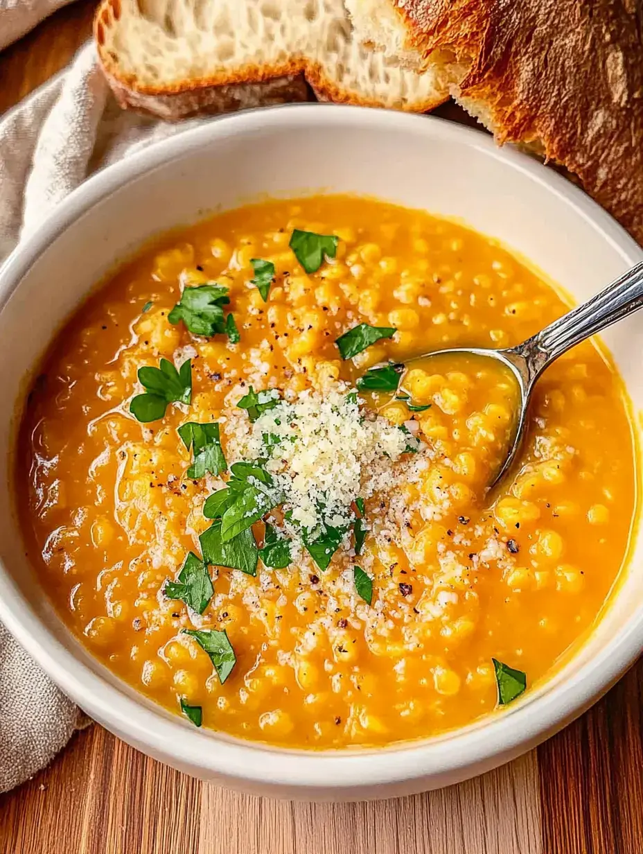 A bowl of creamy yellow soup garnished with parsley and cheese, accompanied by slices of bread.