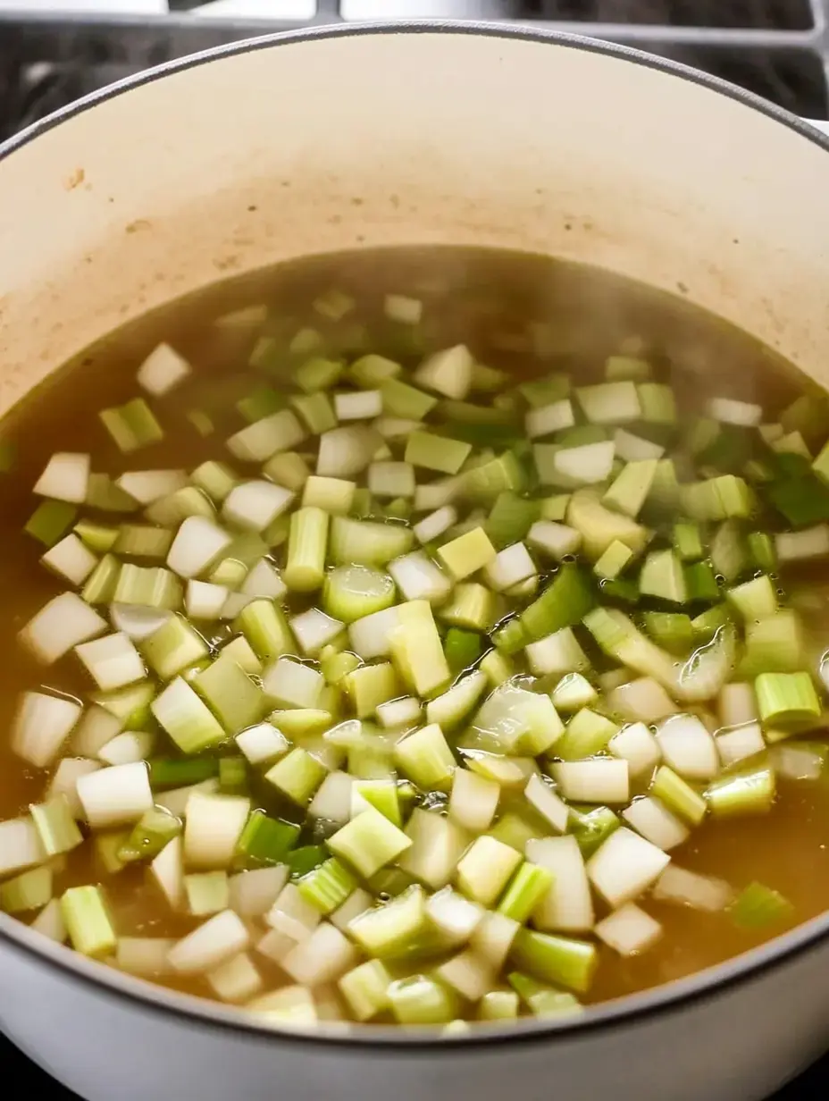 A pot of simmering broth with diced celery and onions.