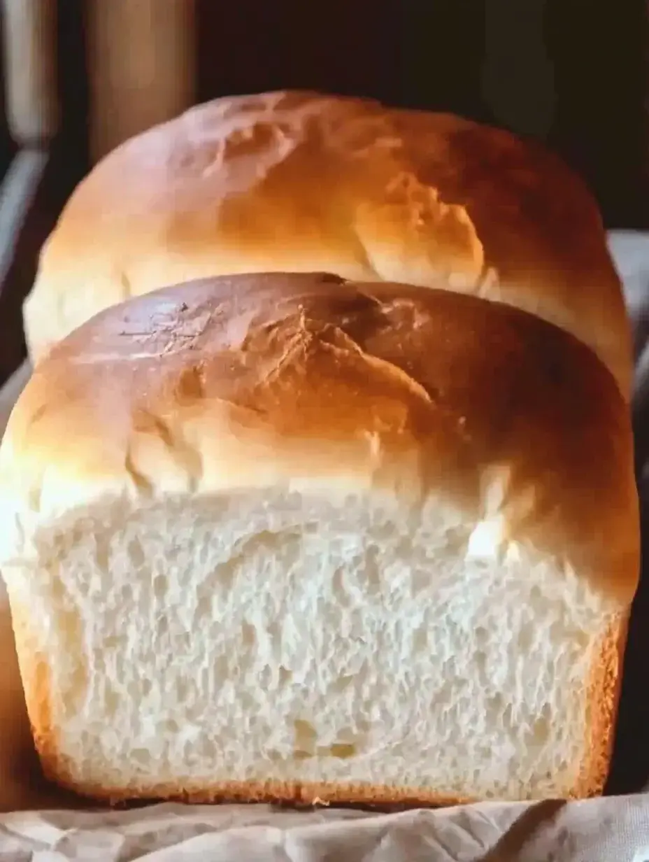 Two golden brown loaves of freshly baked bread sit on a wooden surface, showcasing their soft, fluffy interiors.