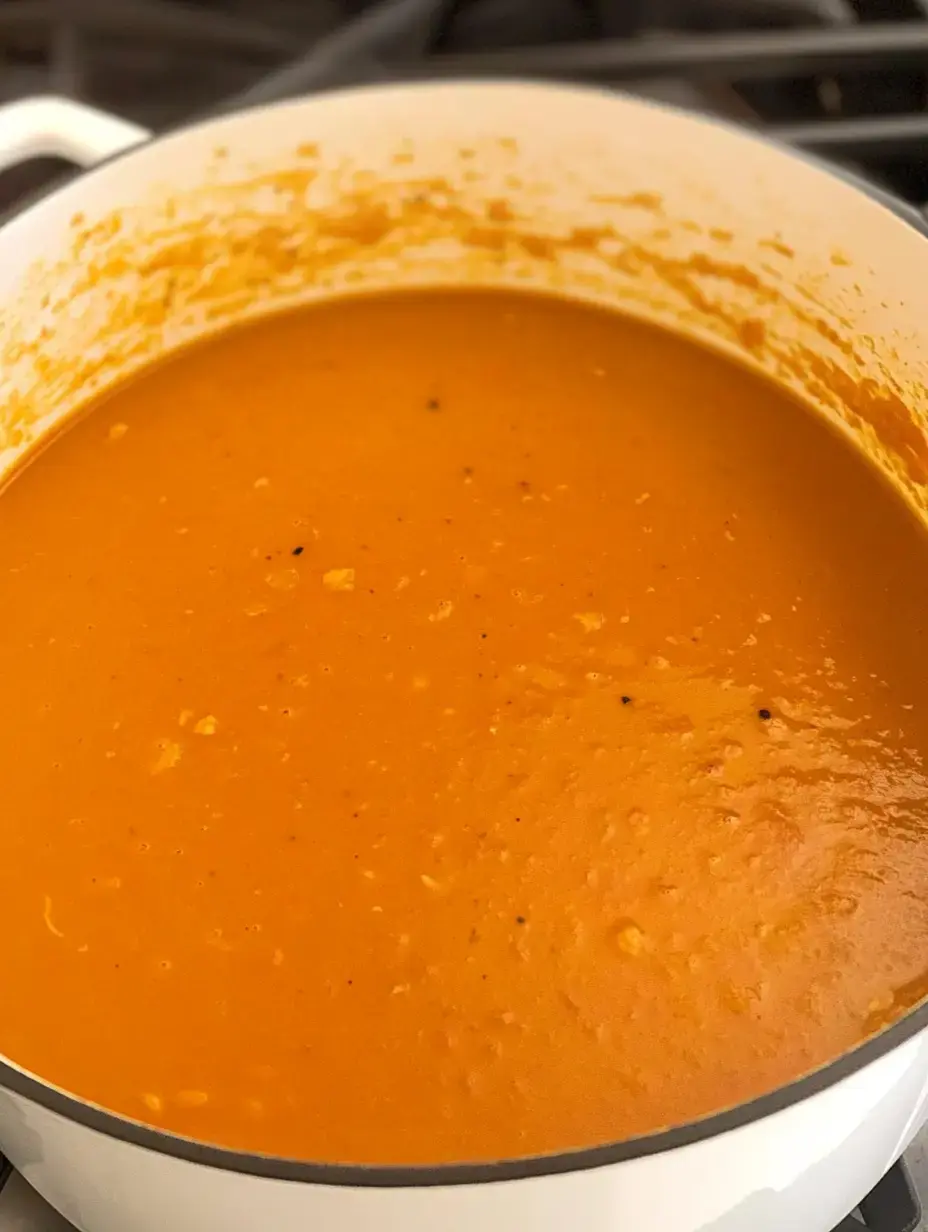 A close-up view of a pot filled with creamy, orange soup on a stovetop.