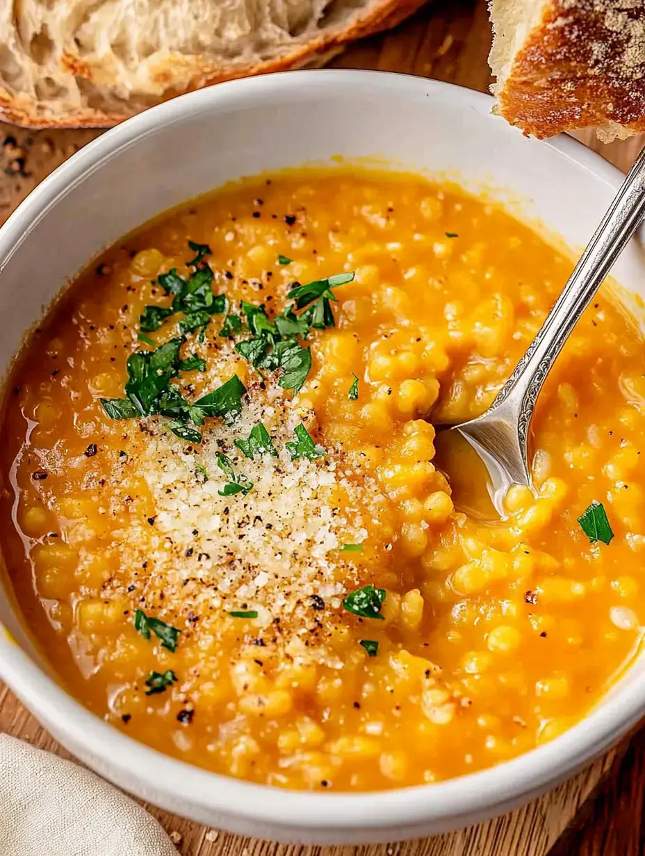 A bowl of creamy yellow soup topped with herbs and grated cheese, accompanied by a piece of bread.