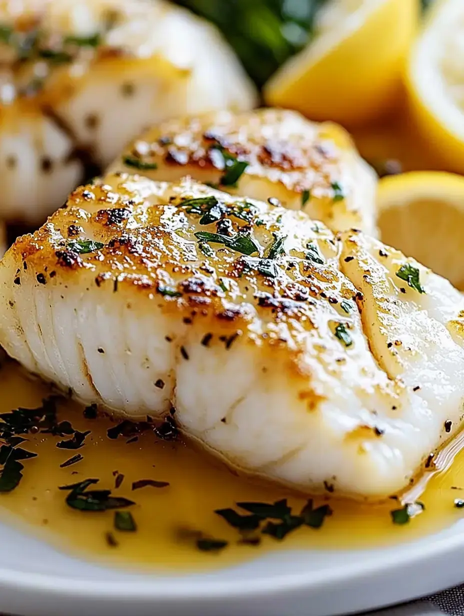 A close-up of golden-brown seared fish fillets garnished with herbs and served with lemon wedges.