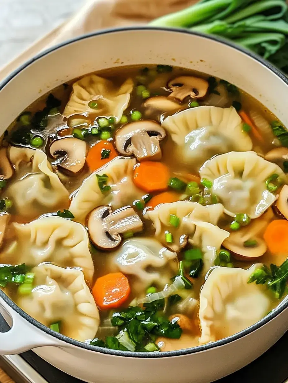 A pot of dumpling soup featuring dumplings, sliced mushrooms, carrots, green onions, and herbs in a clear broth.