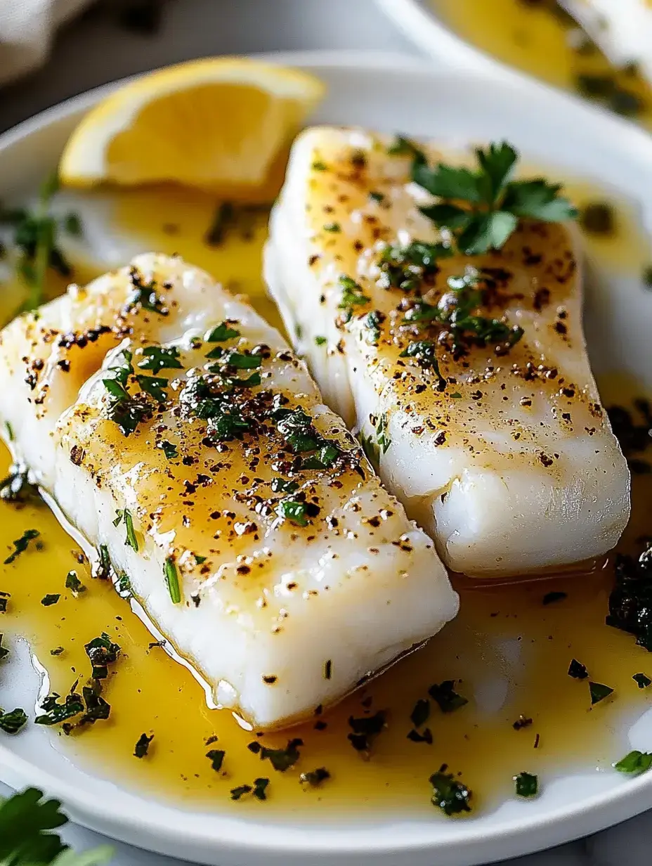 Two pieces of cooked fish garnished with herbs and accompanied by a slice of lemon on a white plate.