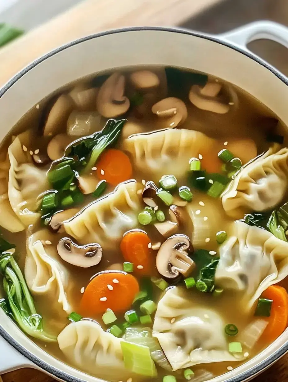 A close-up of a bowl of dumpling soup featuring mushrooms, carrots, green onions, and leafy vegetables in a savory broth.