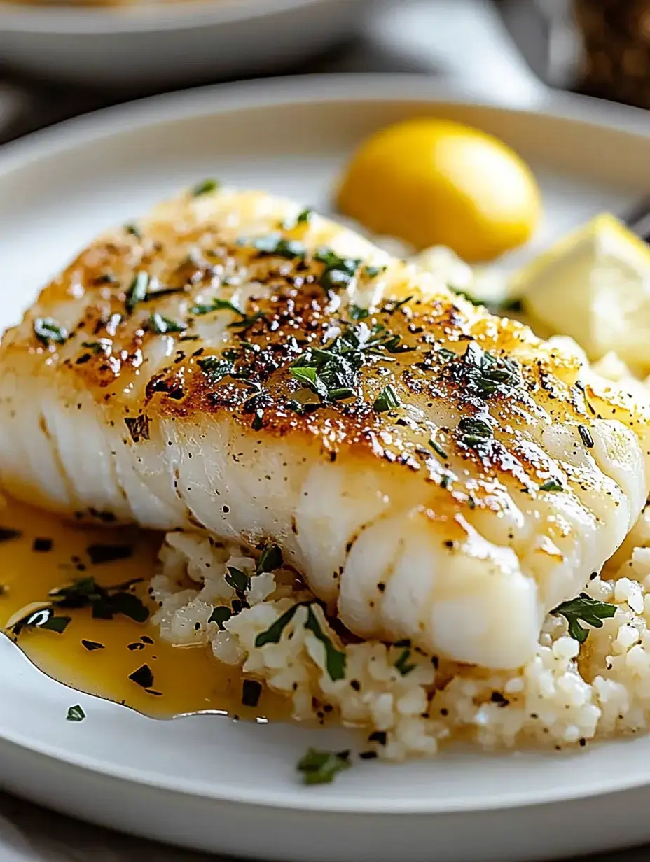 A fillet of pan-seared fish topped with herbs rests on a bed of rice, accompanied by lemon wedges.