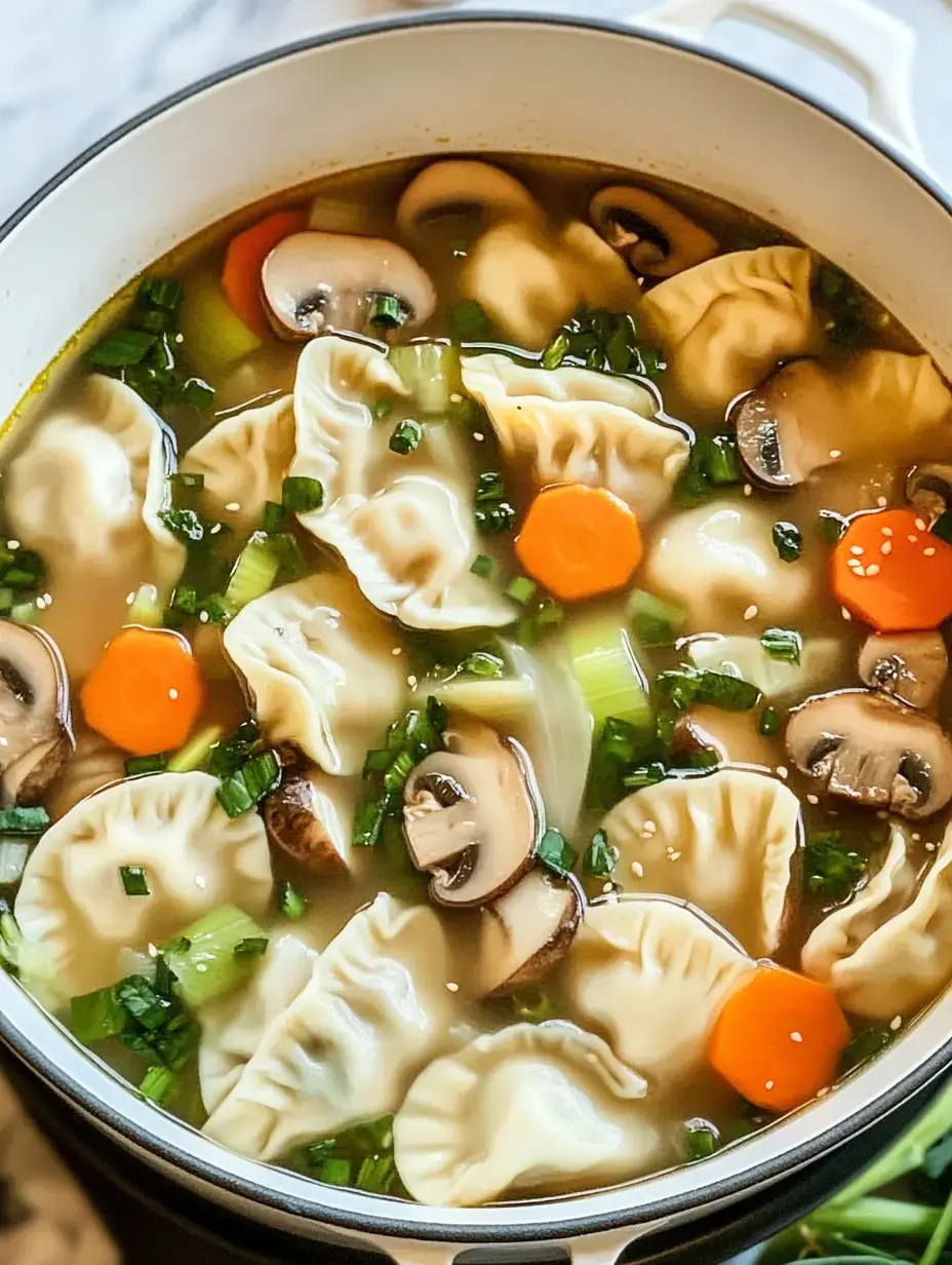 A close-up of a pot filled with dumplings, sliced mushrooms, carrots, and green onions in a clear broth.