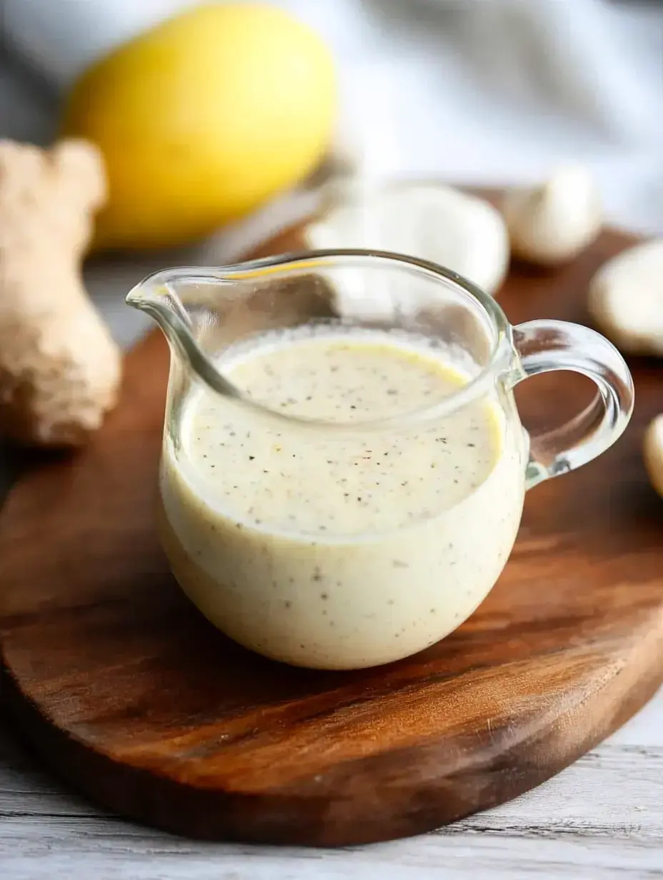 A glass pitcher filled with creamy sauce sits on a wooden cutting board, with fresh ginger and a lemon in the background.