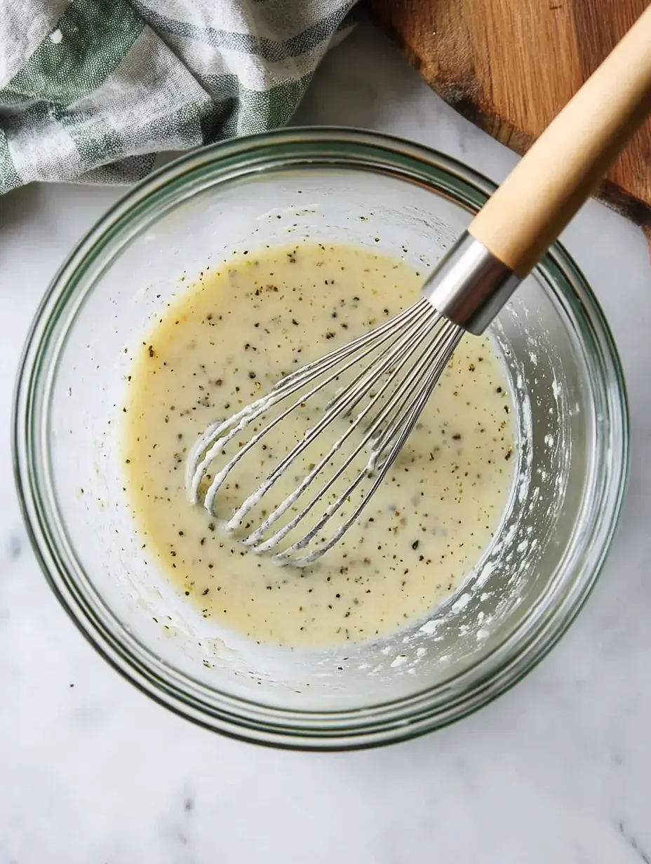 A glass bowl contains a creamy mixture with black pepper and herbs, with a whisk resting inside.