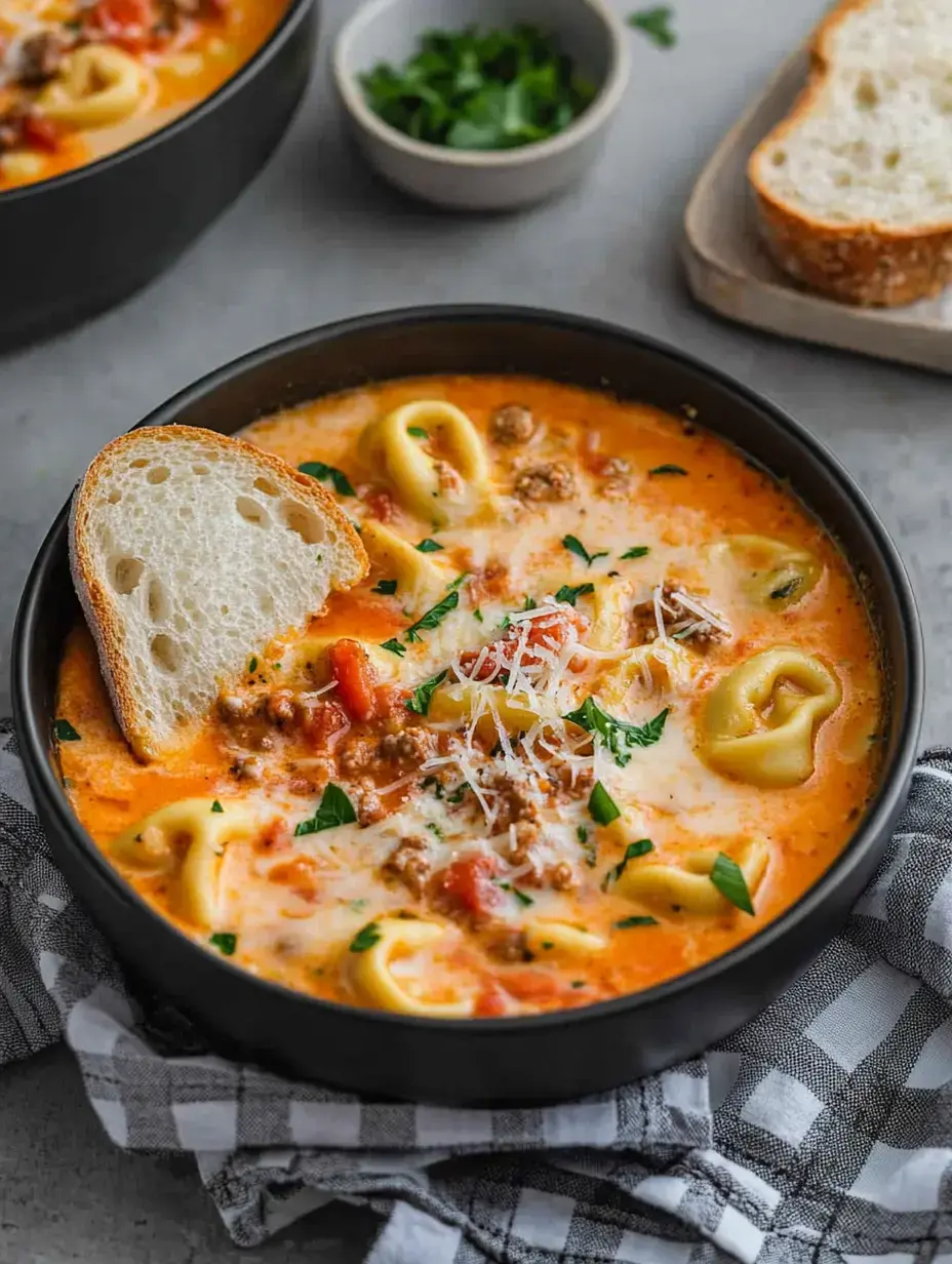 A bowl of creamy tortellini soup topped with cheese and fresh herbs, accompanied by a slice of bread and a small dish of chopped cilantro.