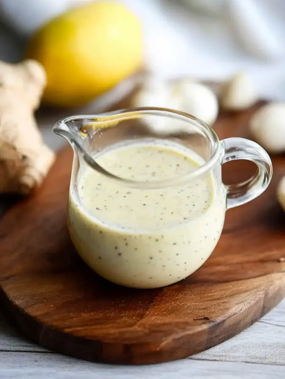 A glass pitcher filled with creamy dressing sits on a wooden cutting board, accompanied by fresh ginger and a lemon in the background.