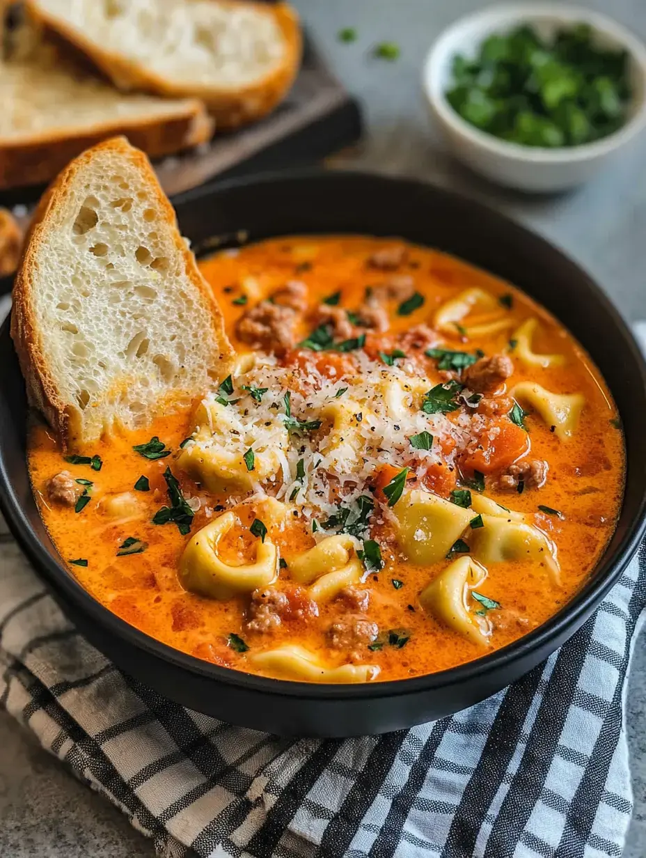 A bowl of creamy pasta soup with ground meat and herbs, accompanied by a slice of bread, set on a checkered cloth.