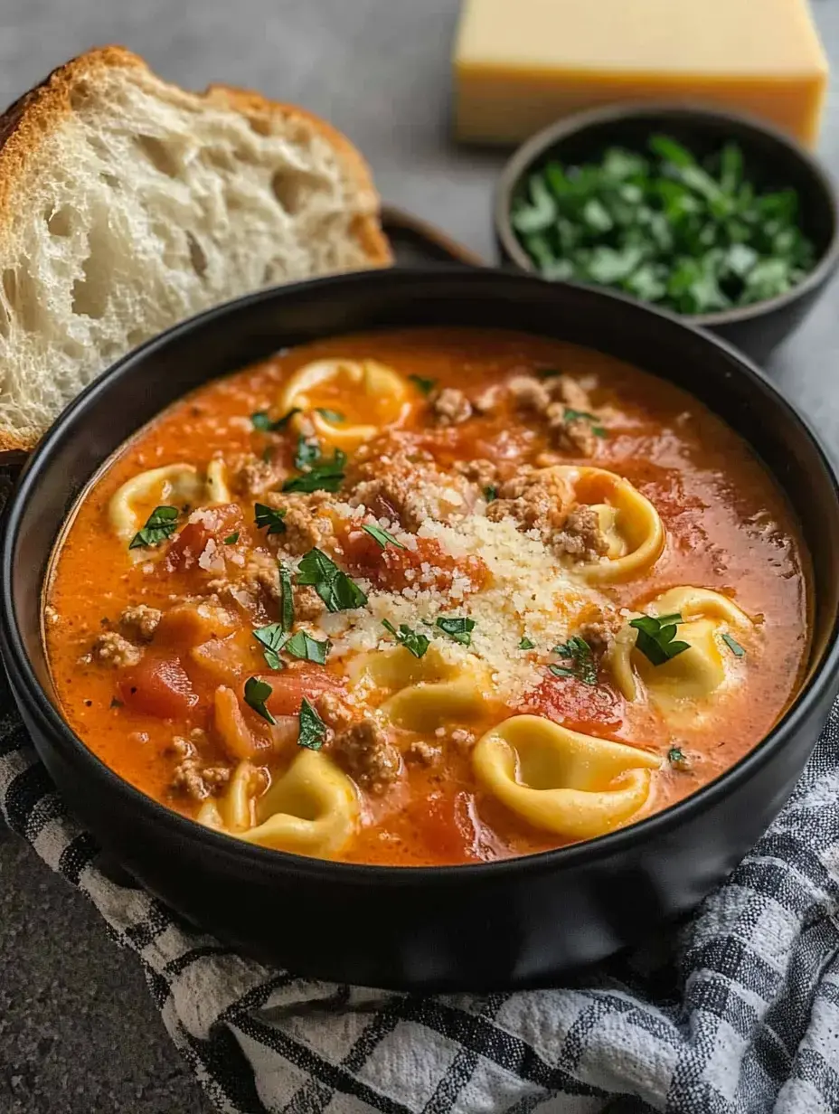 A bowl of tortellini soup topped with parmesan and herbs, accompanied by a slice of bread, with cheese and chopped cilantro in the background.