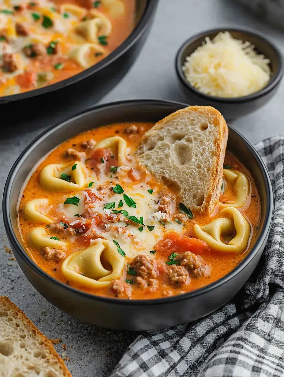 A bowl of creamy soup containing pasta, meat, and herbs, accompanied by a slice of bread and grated cheese on the side.