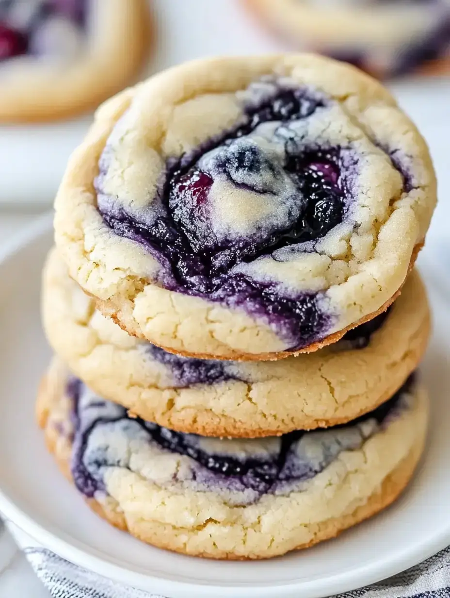 A stack of three thick cookies with a swirled blueberry filling, placed on a white plate.