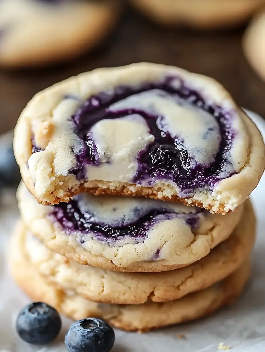 A stack of blueberry swirl cookies with one cookie partially bitten, accompanied by fresh blueberries.